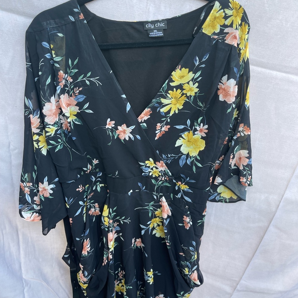 City Chic Pink and Yellow Floral Wrap Blouse